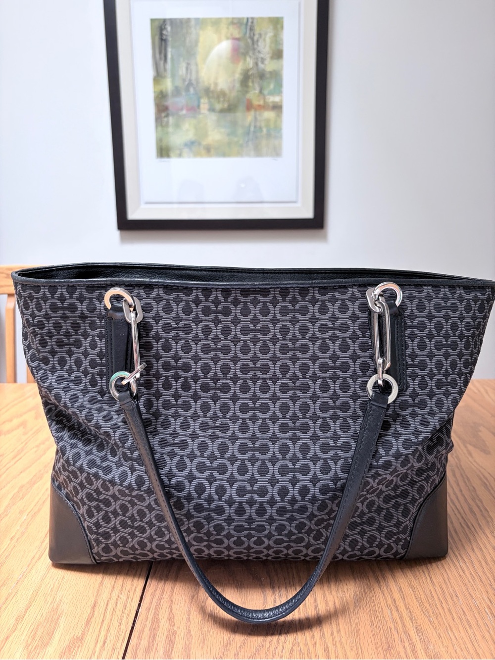 2013 COACH Madison Blk/Gry OpArt Needlepoint Tote w/ Pink Leather Charm 26767 - Picture 7 of 15